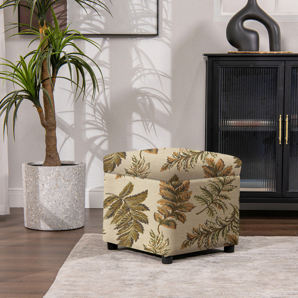 Jacob 18" Storage Cube Ottoman, Tan Floral Jacquard