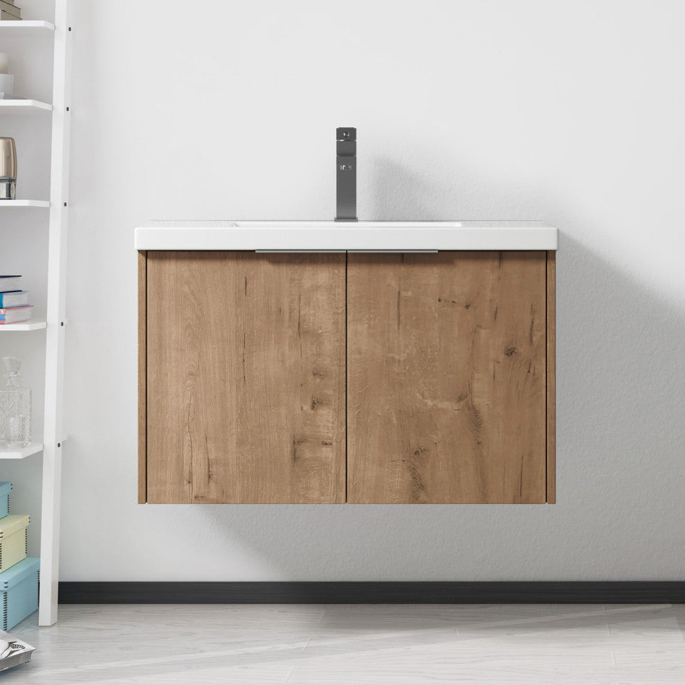 Bath Vanity Set, Imitative Oak, Resin Vanity Top, White, White Basin