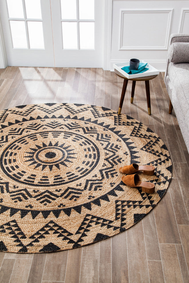 Jute Round Tribal Circle Black Print, 8' Round