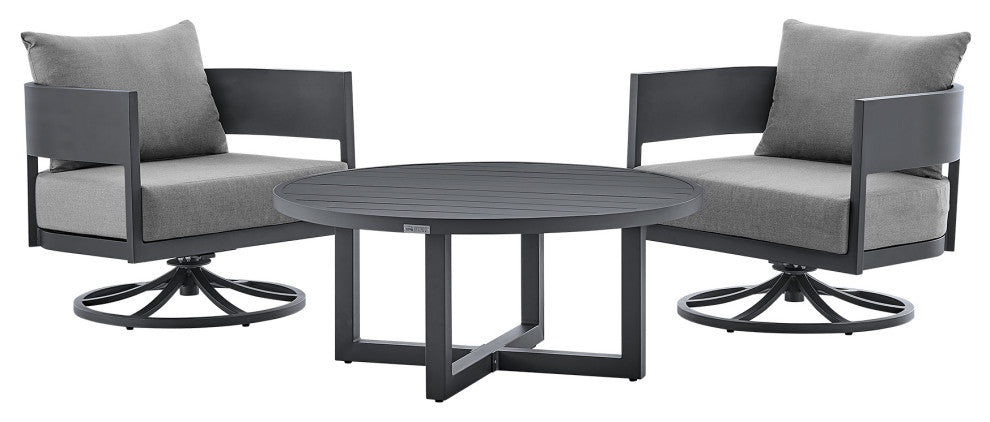 Argiope 3-Piece Patio Swivel Seating Set, Gray Aluminum With Gray Cushions