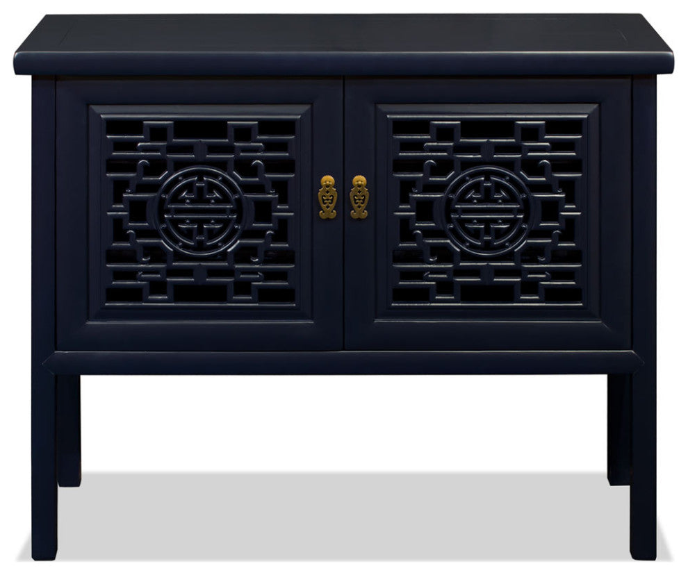 Navy Blue Elmwood Chinese Longevity Motif Cabinet with Lattice Doors