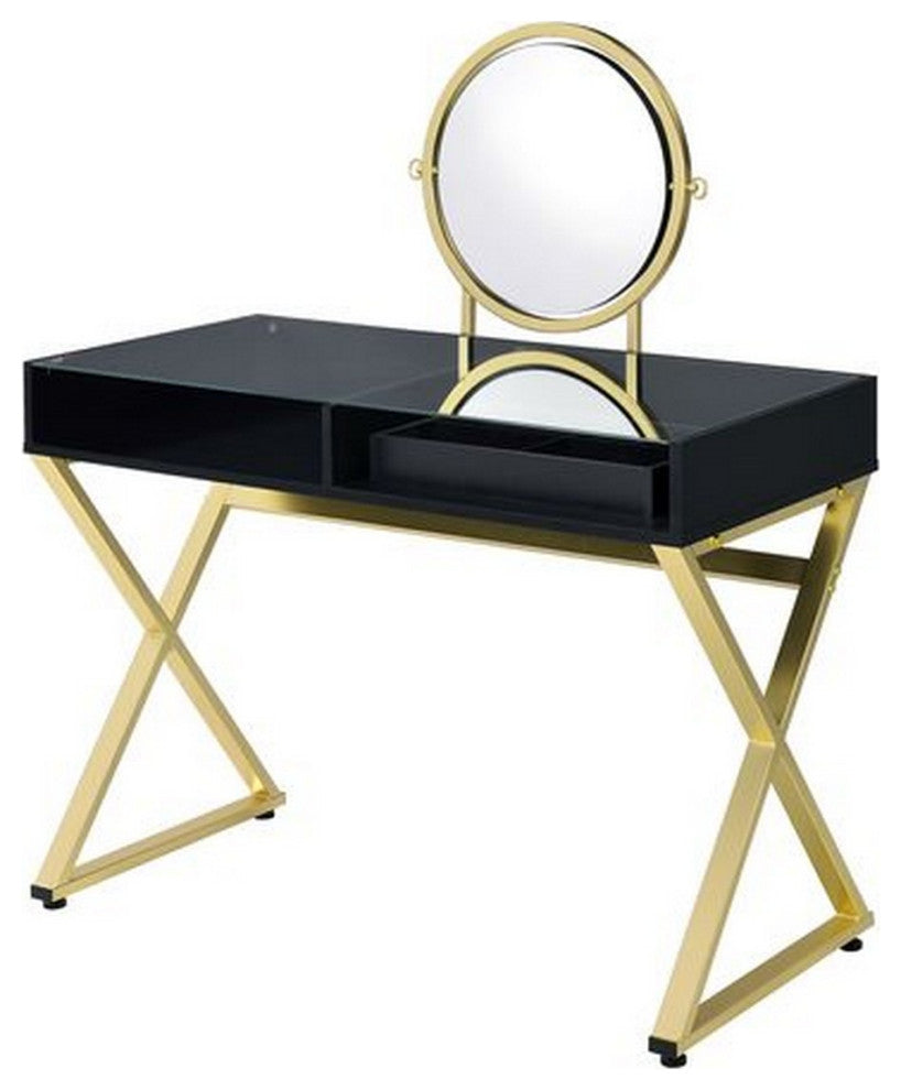 Benzara BM251243 Vanity Desk With Round Mirror & Cross Metal Legs, Black/Gold