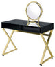 Benzara BM251243 Vanity Desk With Round Mirror & Cross Metal Legs, Black/Gold