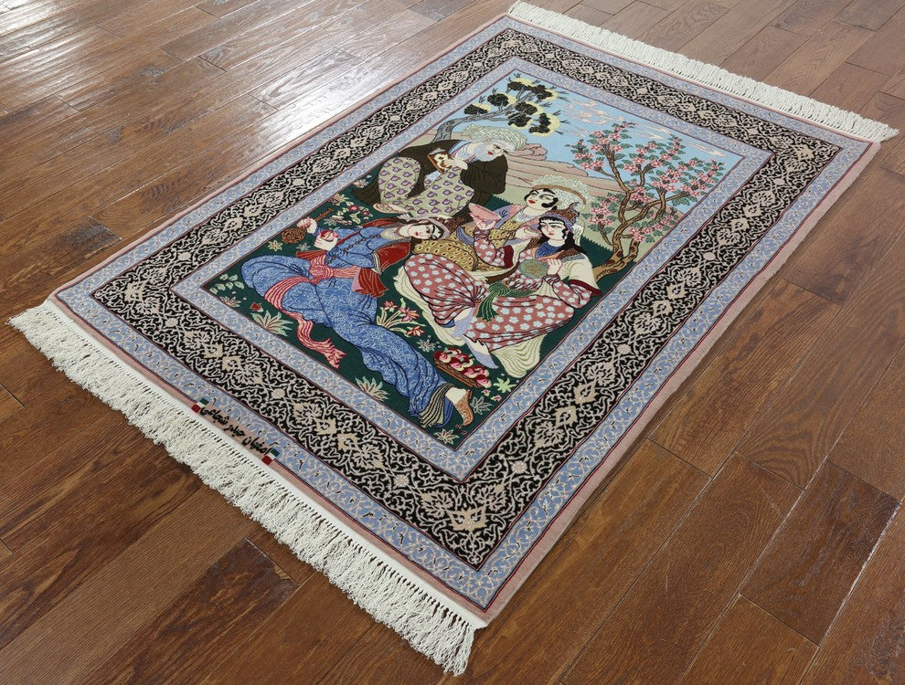 Pictorial Scene Persian Hand Knotted Wool and Silk Signed Isfahan Rug, 4x5