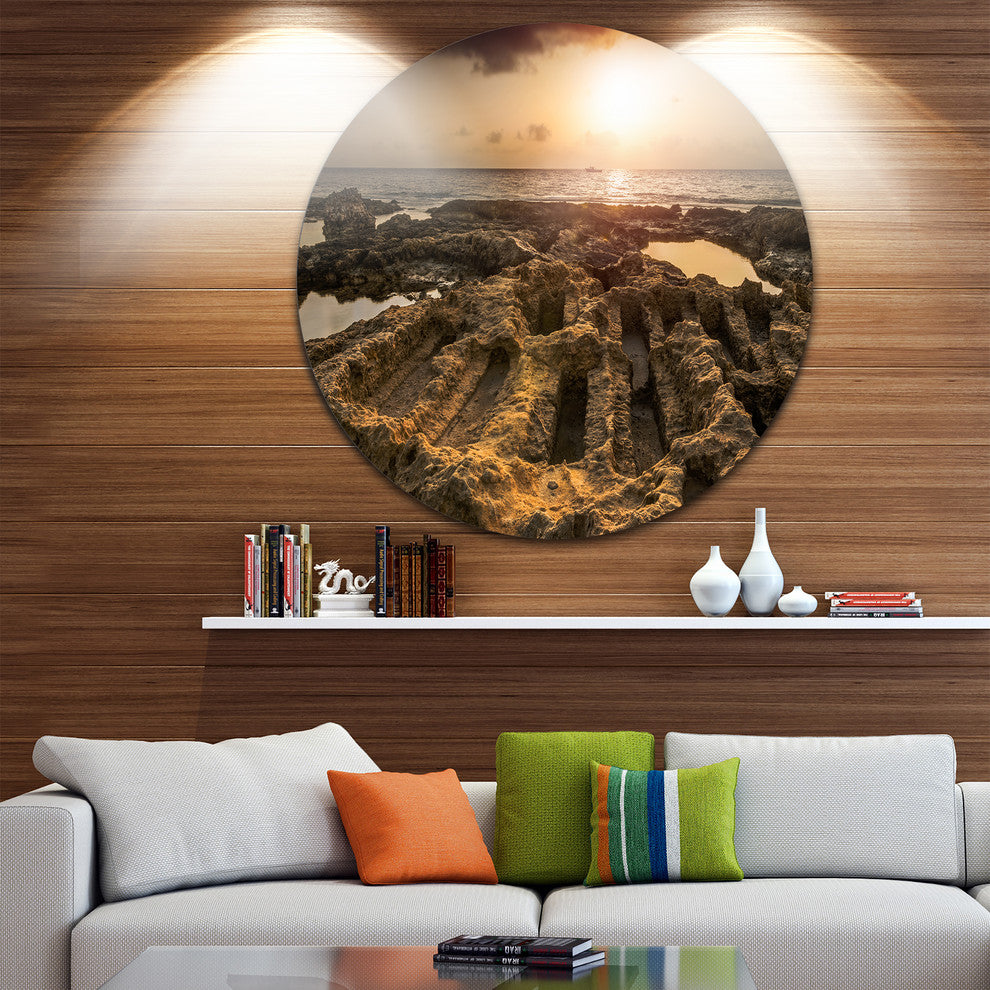 Glowing Sunlight On Ancient Ruins, Landscape Disc Metal Wall Art, 11"