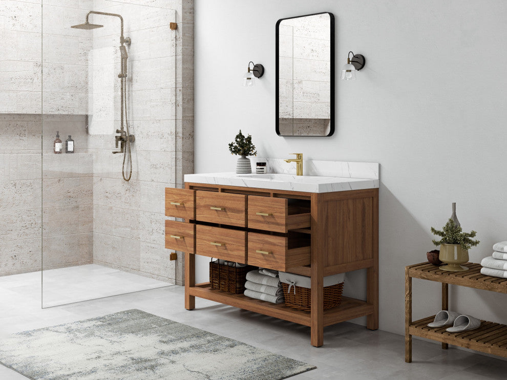 Parker Teak 48" Single Sink Bath Vanity in Golden Teak  2" Piatra Gray