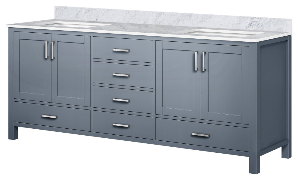 80" Dark Gray Double Vanity, White Carrara Marble Top, White Sinks, No Mirror