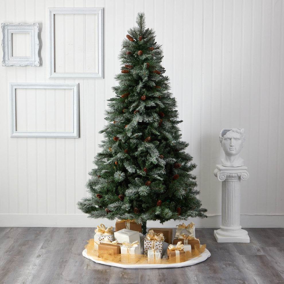 7' Snowed French Alps Mountain Pine Faux Xmas Tree W/Bendable Branches, Pinecone