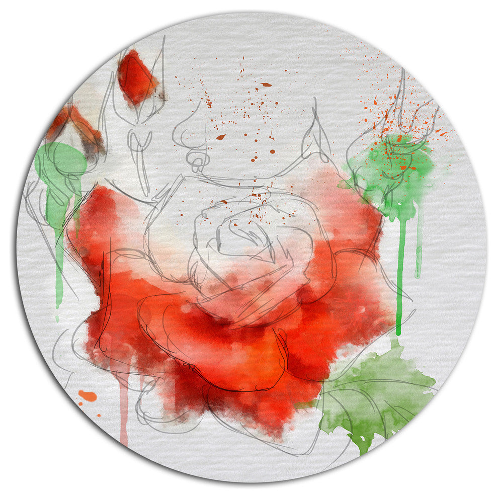 Red Rose Illustration Watercolor, Modern Floral Round Wall Art, 11"