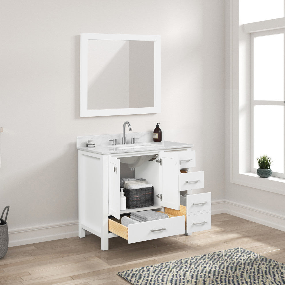 Freestanding Bathroom Vanity With Marble Countertop and Undermount Sink, White, 36" With Sink and Mirror
