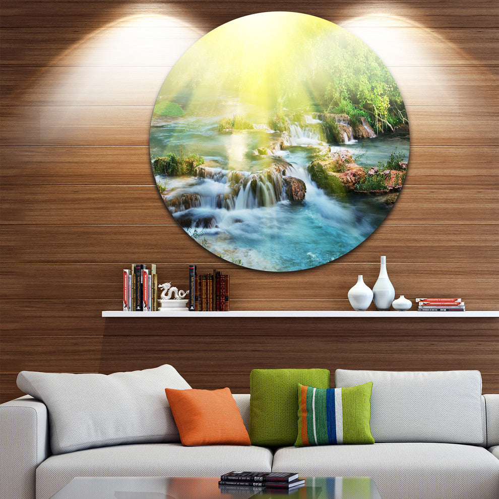 Water Cascade Under Shiny Sun, Modern Beach Disc Metal Artwork, 23"