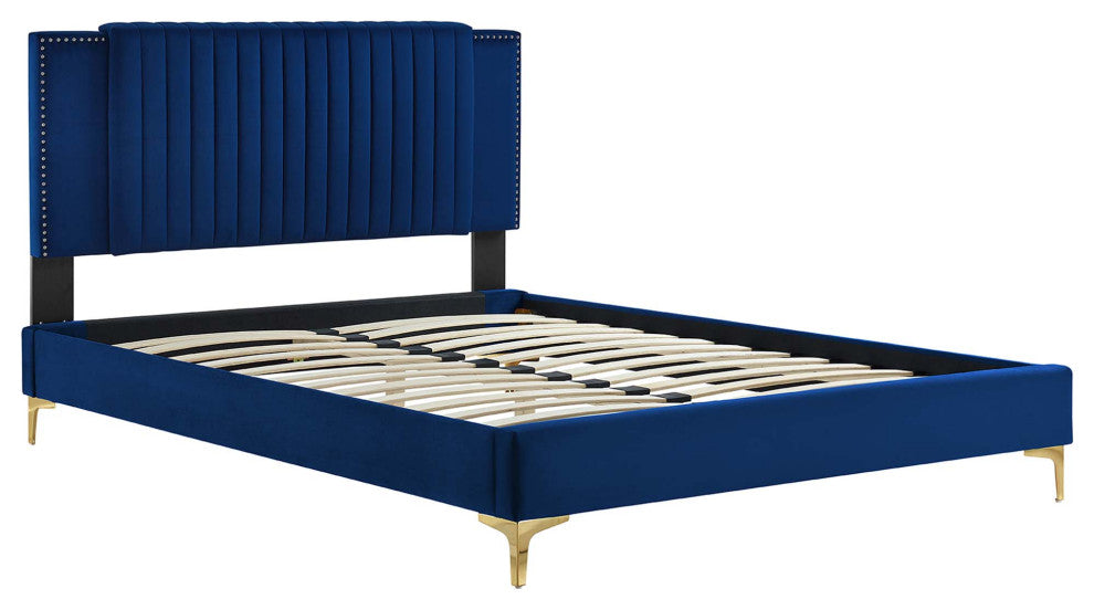 Zahra Channel Tufted Performance Velvet Queen Platform Bed, Navy