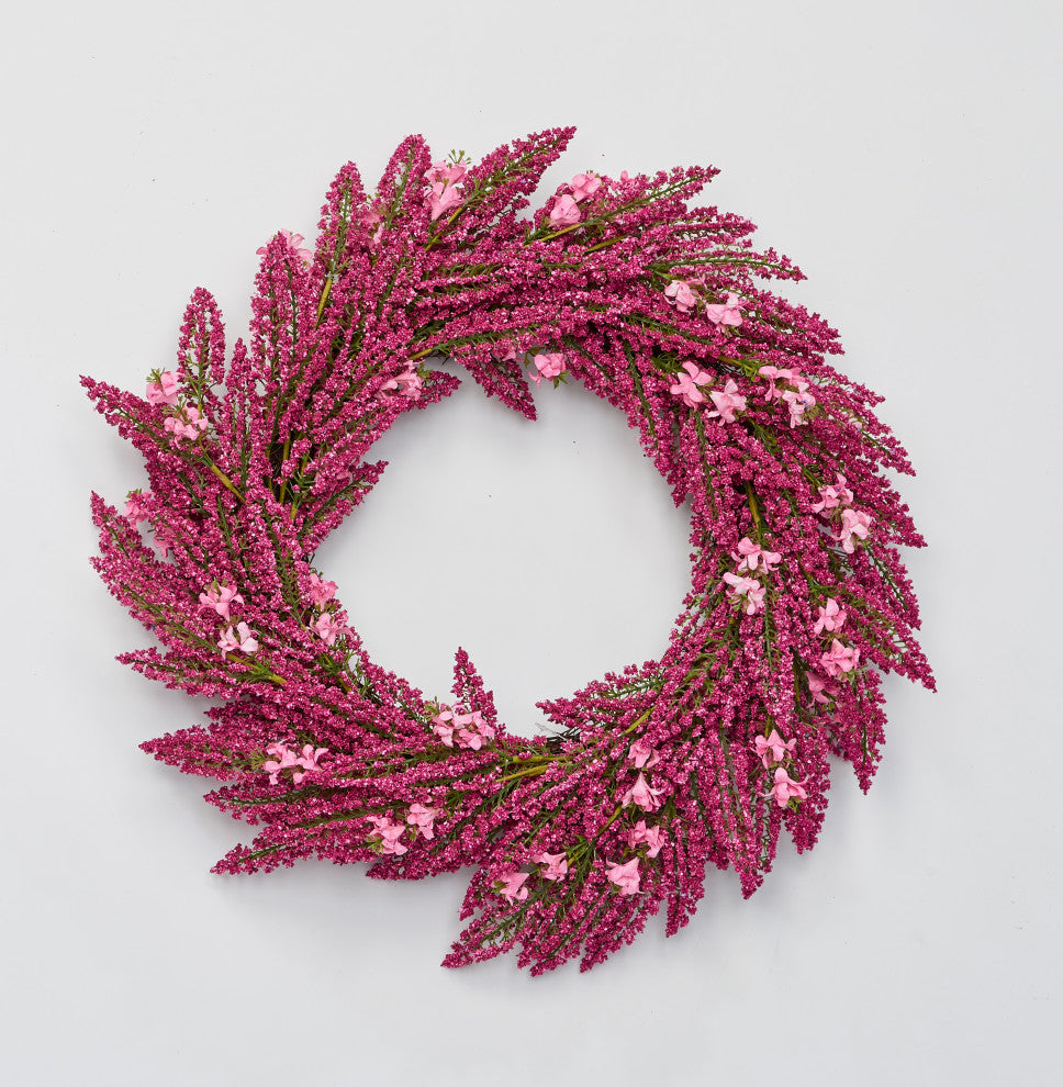 22" Heather Wreath With Pink Flowers On Natural Twig Base