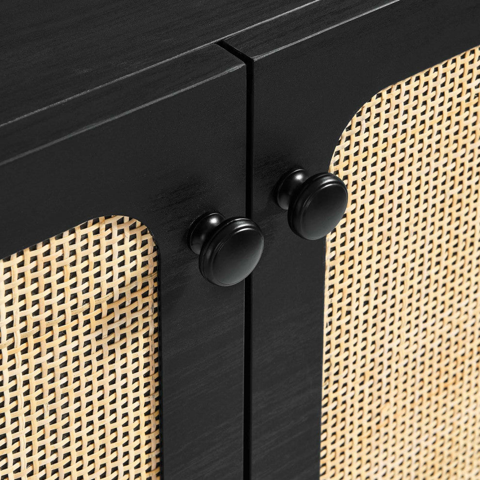 Cane Sideboard, Wood Rattan Buffet Table, BoHo Shabby Chic Credenza, Black