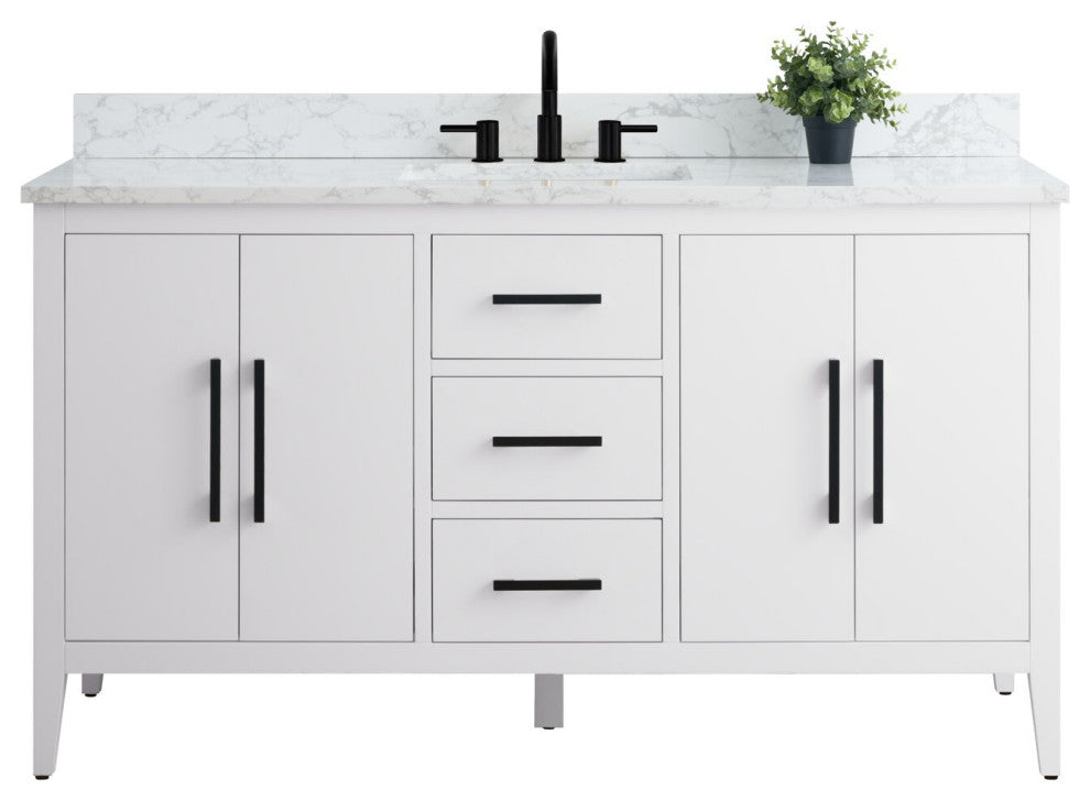 Vanity Art Bathroom Vanity With Sink, White, 60", Single Sink, Matte Black