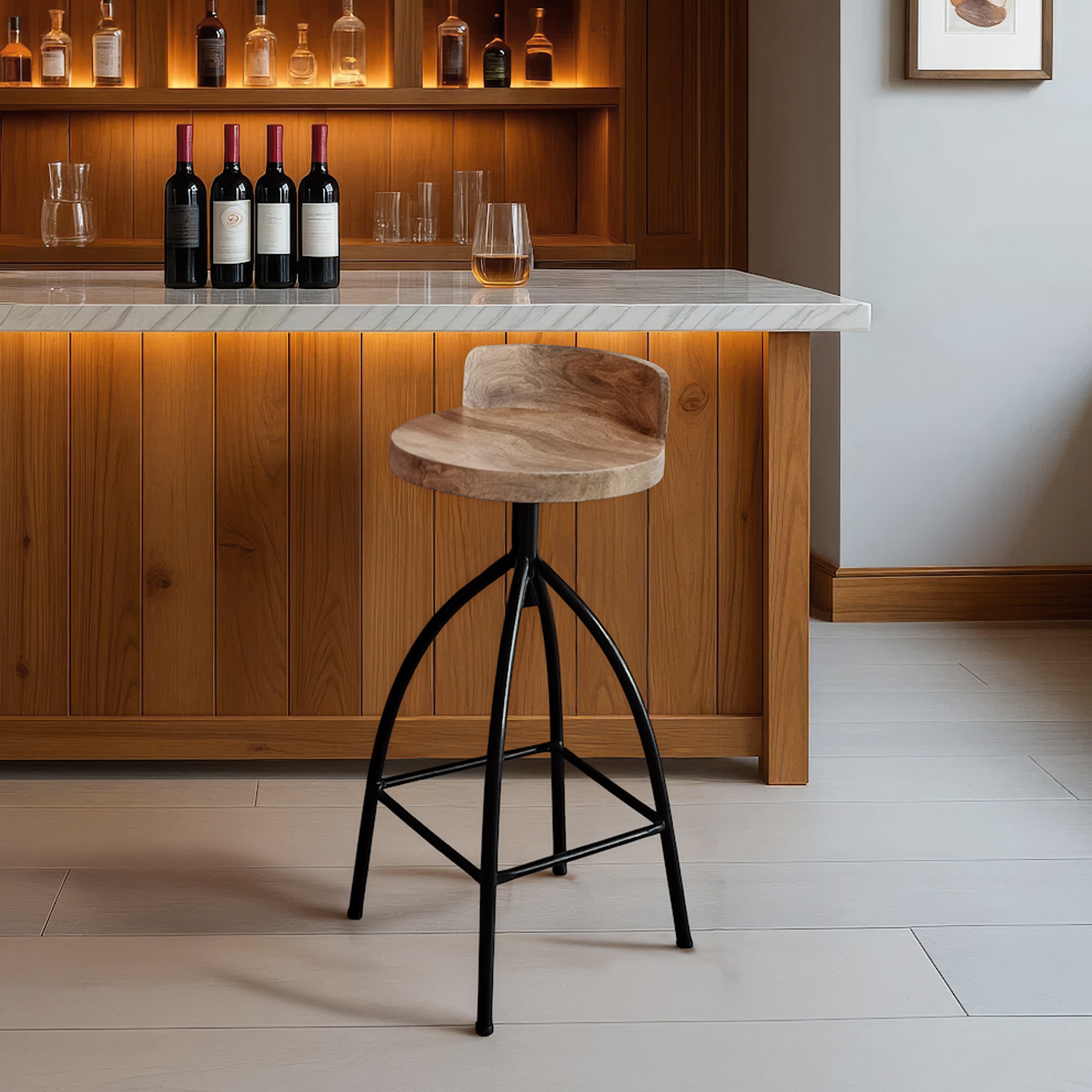 Industrial Style Adjustable Swivel Bar Stool With Backrest, 30-35"