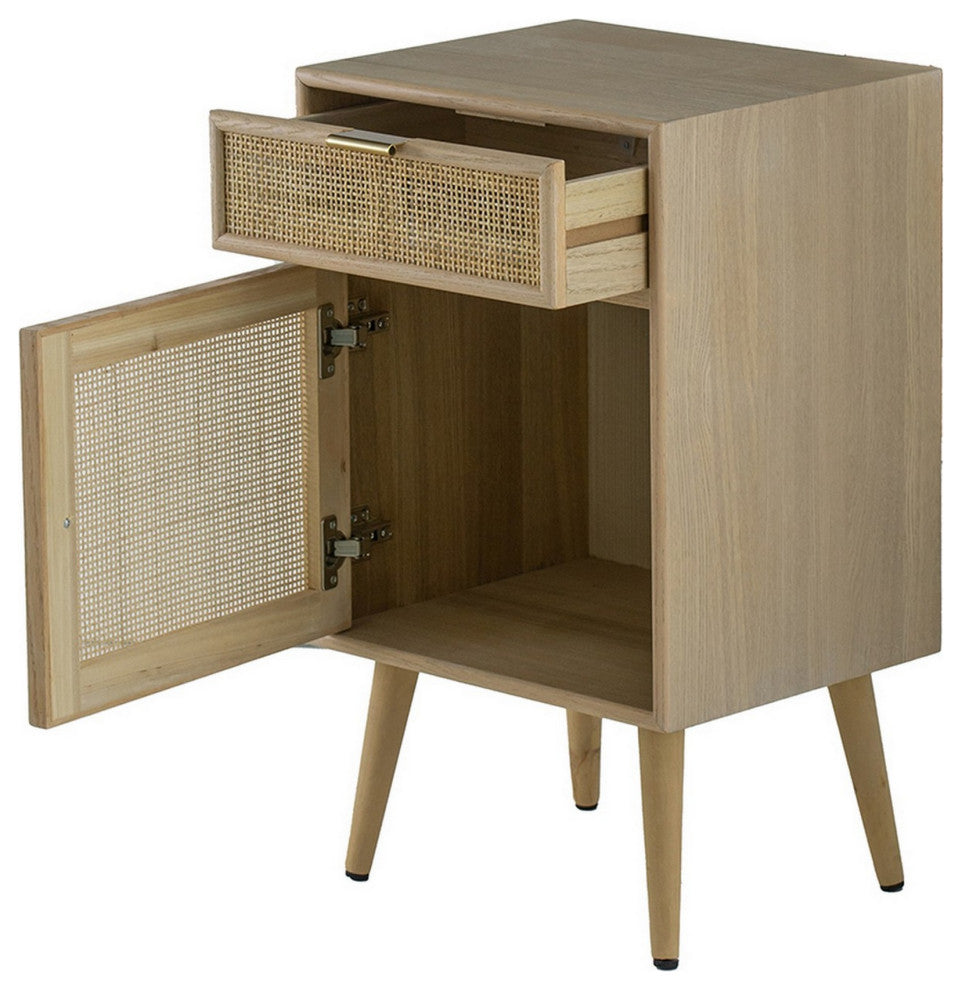 Benzara BM285208 Accent Cabinet, 1 Drawer, Pine, Woven Rattan Design, Natural