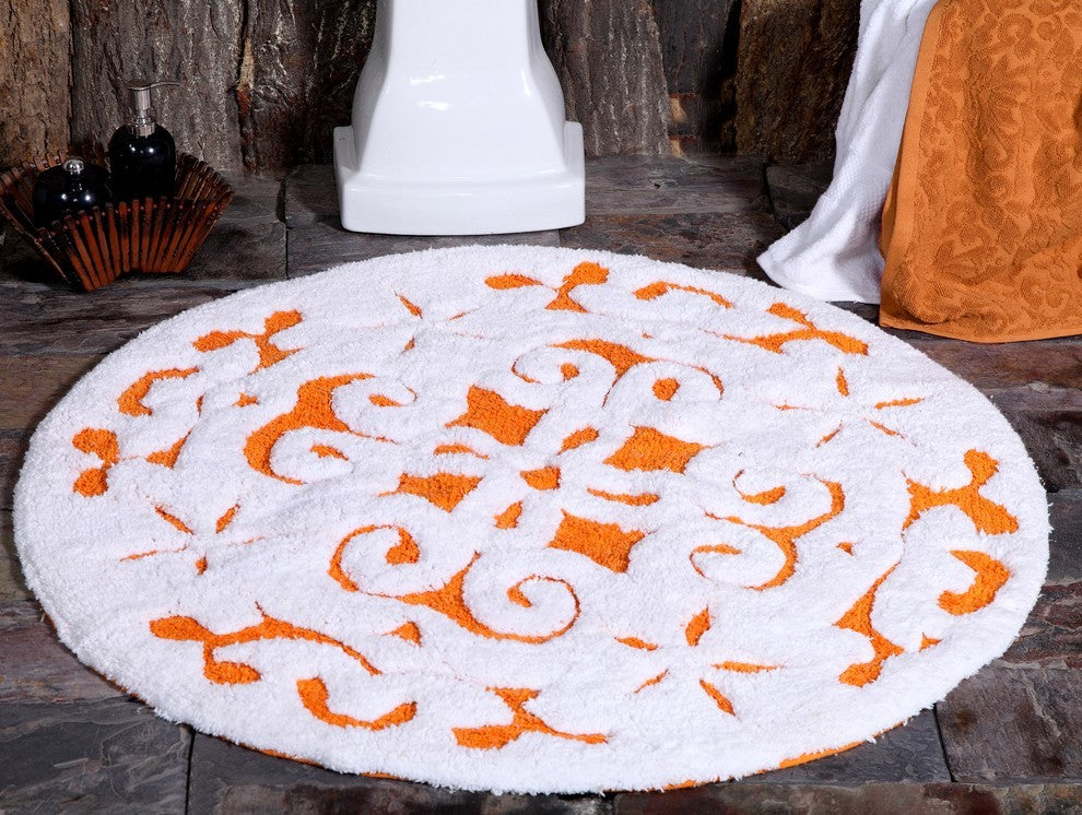 Saffron Fabs Bath Rug, Cotton, 36" Round, 200 GSF, Damask Pattern, Orange/Wh