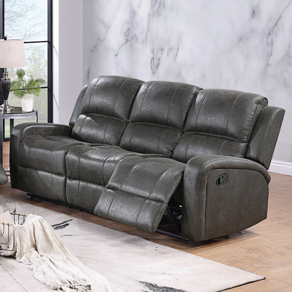 Leather-Like Fabric Upholstered Manual Reclining Sofa, Smoke
