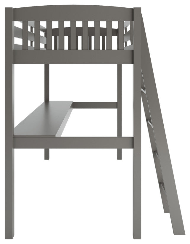 Gray Solid Wood Twin Size Loft Bed With Desk and Storage