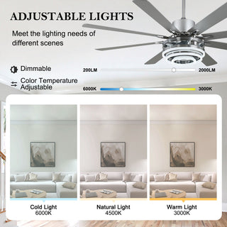 72" Modern 8 Wood Blades Large Ceiling Fan w LED Light, Chrome