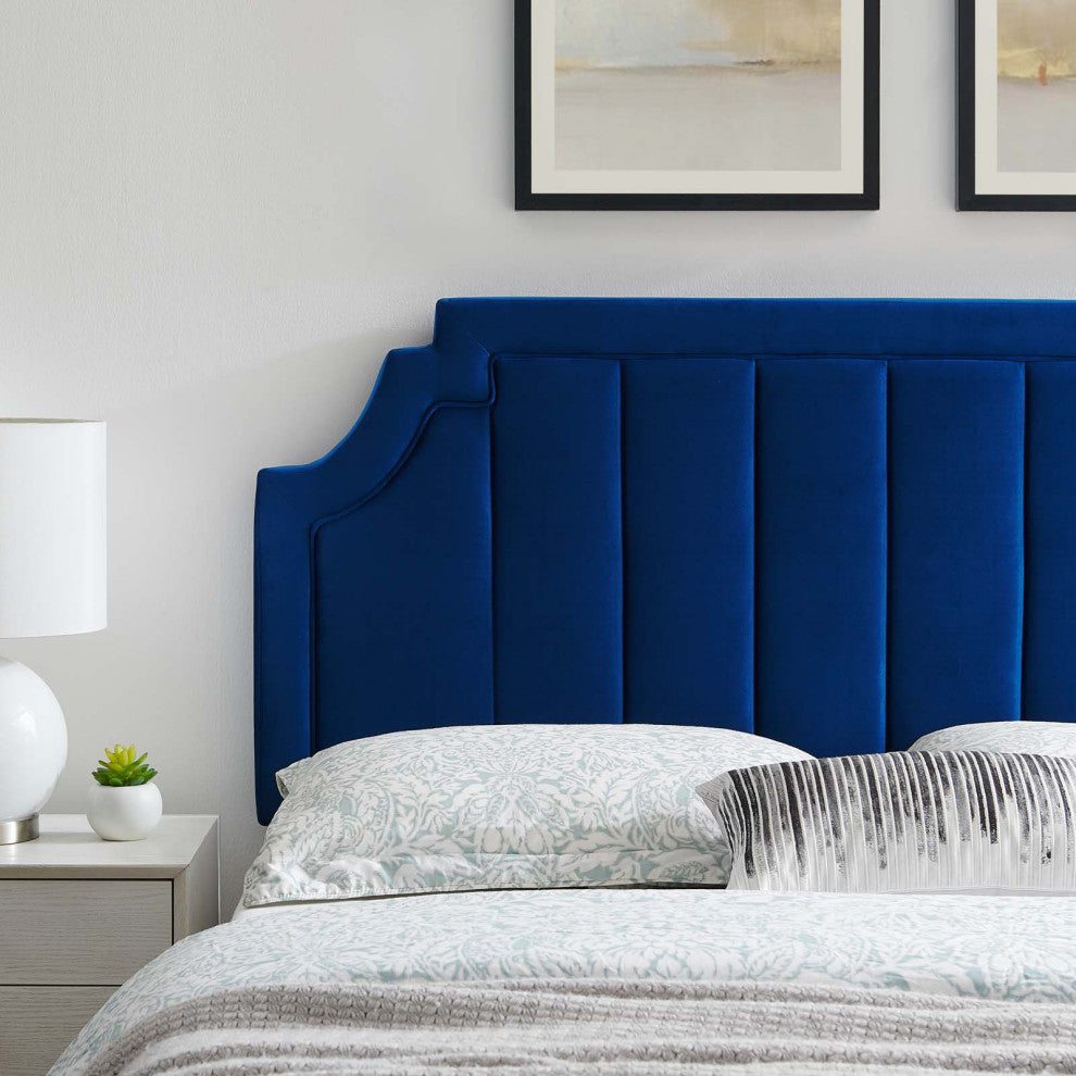 Tufted Headboard, Full Queen Size, Velvet, Blue Navy, Modern Contemporary