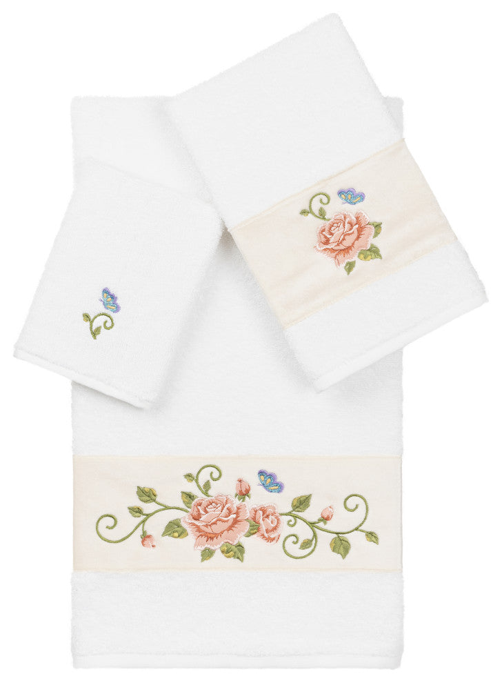 100% Turkish Cotton Rebecca 3-Piece Embellished Towel Set, White
