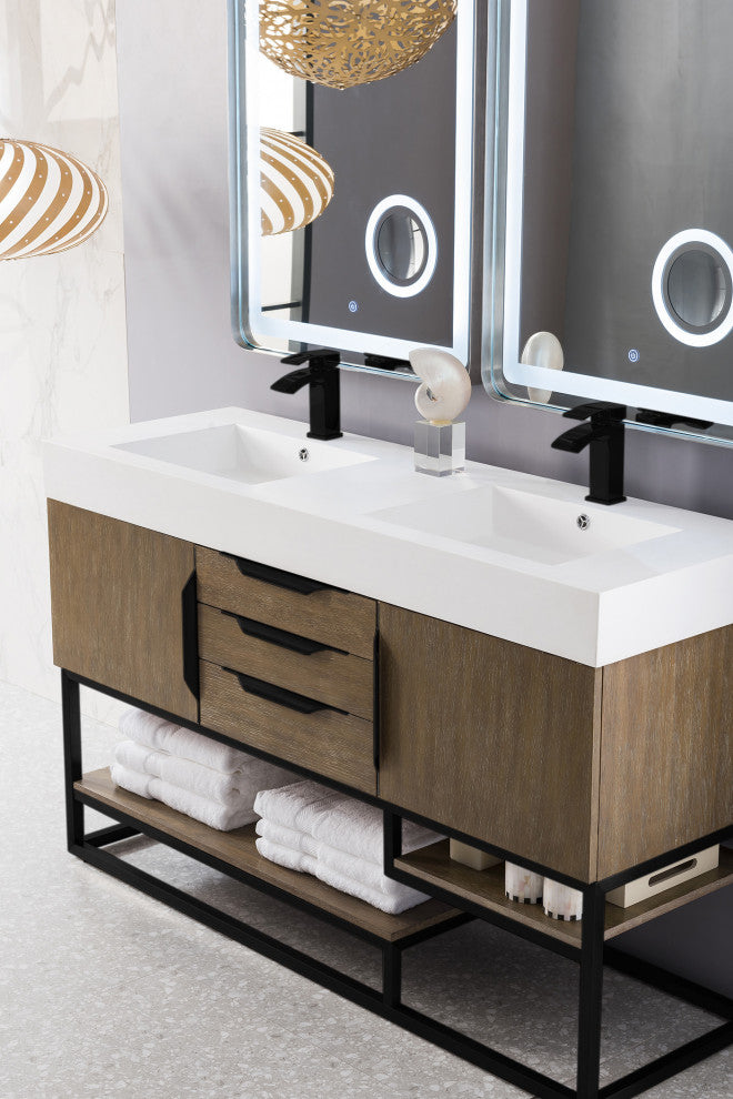 Columbia 59" Double Vanity, Latte Oak, Matte Black, Glossy White Composite Top