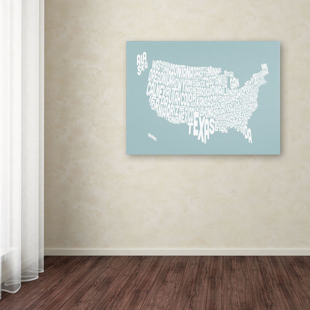 'USA States Text Map - Duck Egg' Canvas Art by Michael Tompsett