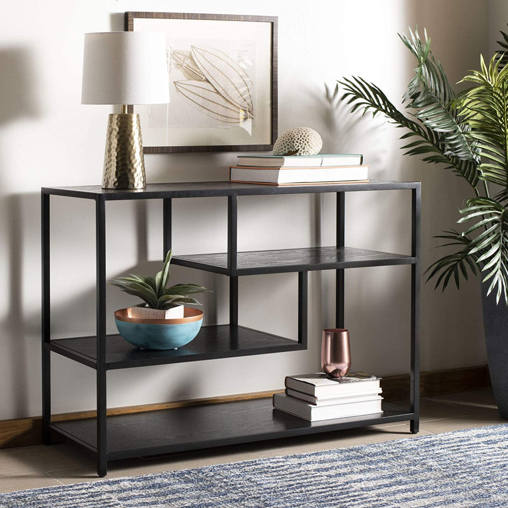Unique Console Table, Metal Frame With Staggered Wooden Shelves, Black Finish