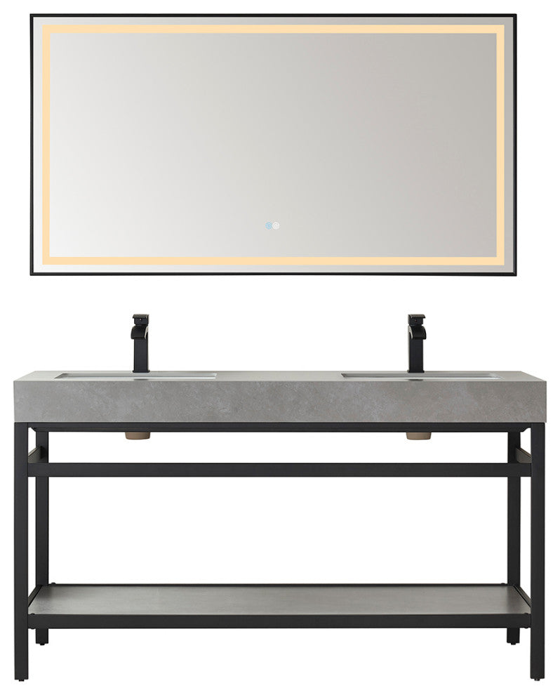 Funes Bath Vanity with Mirror, Matte Black Support, 60" Double Sink, Grey Stone Top