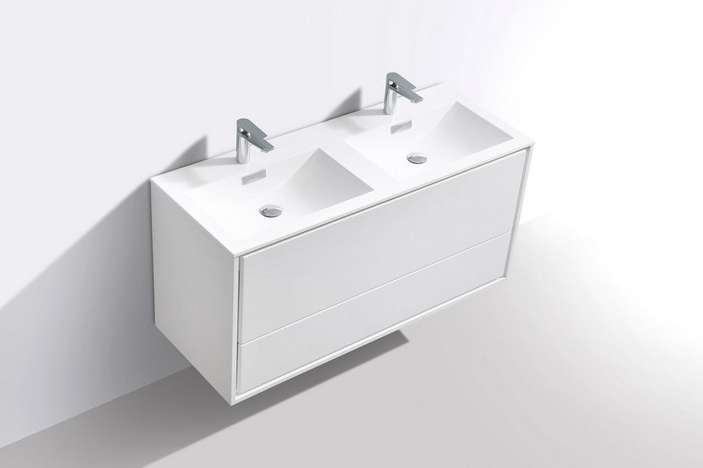 DeLusso 48" Double Sink Wall Mount Bathroom Vanity, Ocean Gray, High Gloss White