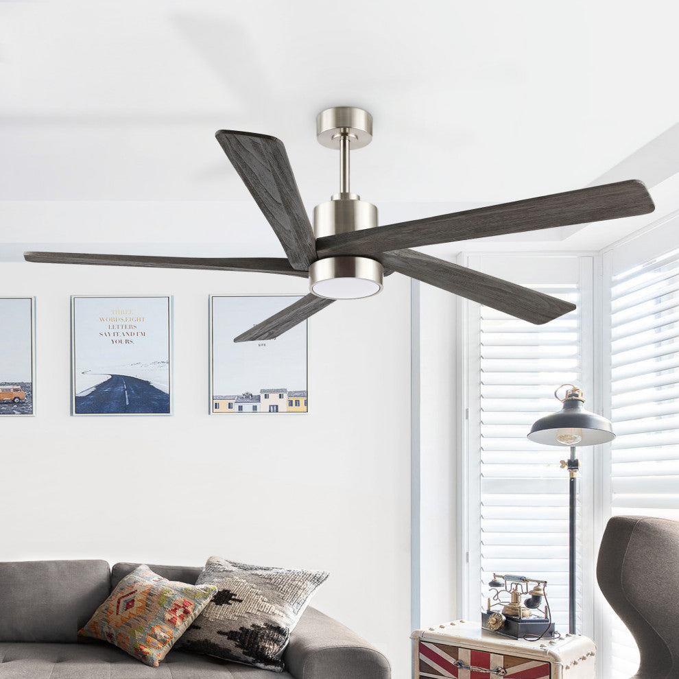 54" Reversible 5-Blade LED Ceiling Fan With Remote and Light, Brushed Nickel/Gray