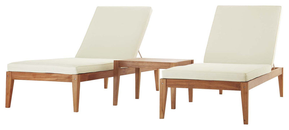 Modern Outdoor Patio Lounge Chaise Chair and SideTable Set, Wood, Natural White