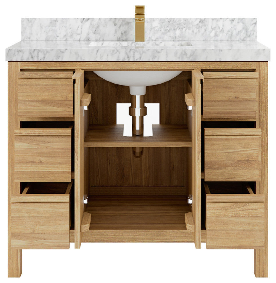 Elizabeth 42 Single Sink Bath Vanity in Light Natural Teak 2" Carrara Marble