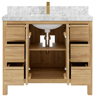 Elizabeth 42 Single Sink Bath Vanity in Light Natural Teak 2" Carrara Marble