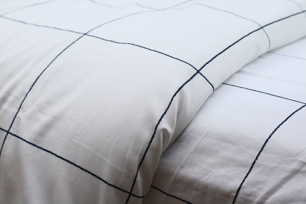 Navy On White Window Pane Printed Sheet Set, 100% Cotton Matte Sateen