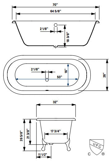 Cheviot Products Regal Cast Iron Bathtub, White Interior, White Exterior