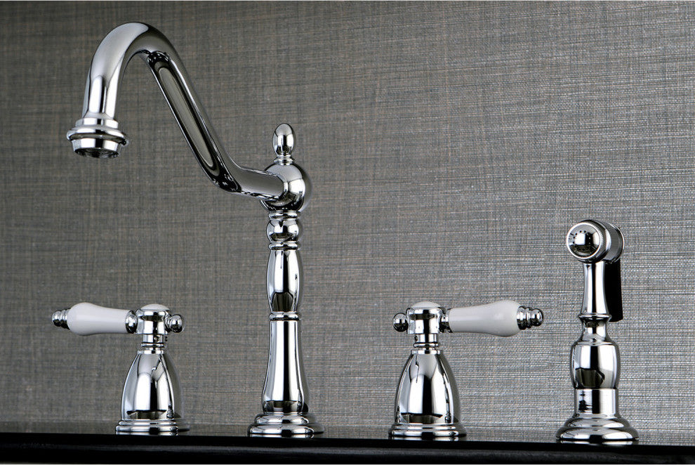 Kingston Brass Widespread Kitchen Faucet With Brass Sprayer, Polished Chrome