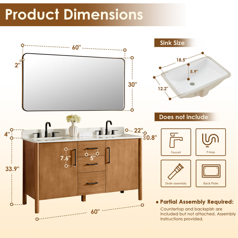 Velora Bathroom Vanity, Mango Brown, 60", With Mirror