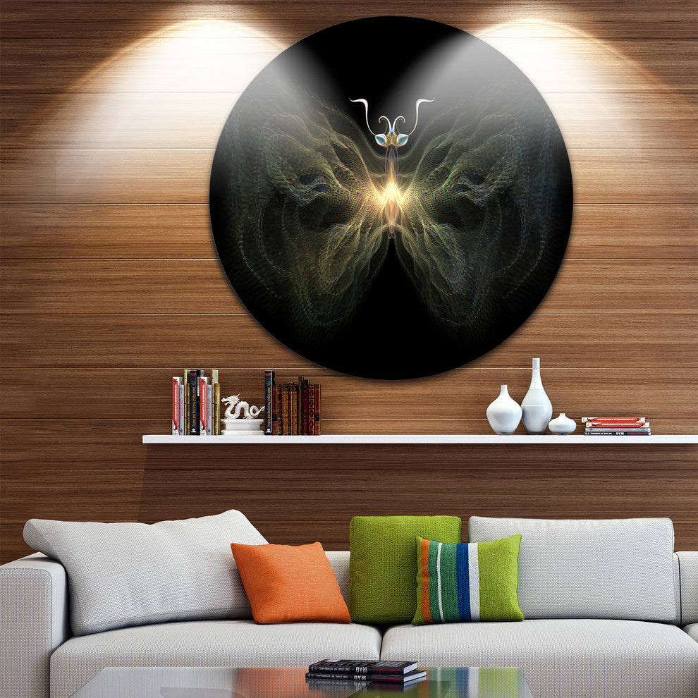 Yellow Fractal Butterfly In Dark, Digital Art Round Wall Art, 11"