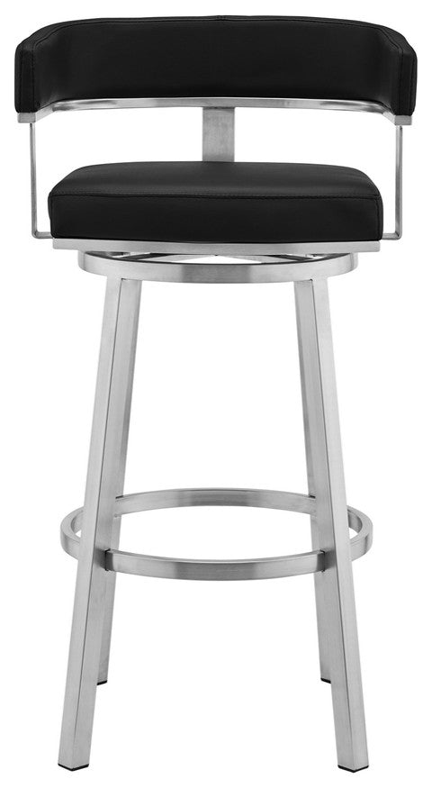 38" Black And Silver Faux Leather Swivel Low Back Bar Height Chair With Footrest