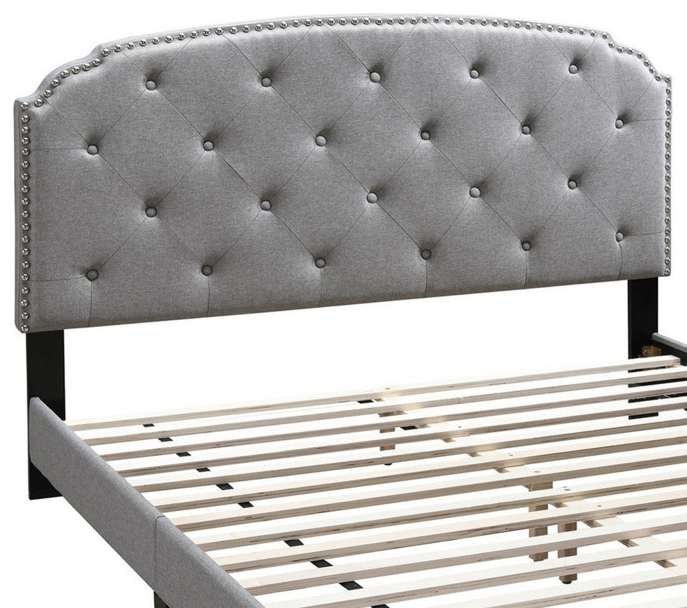 Benzara BM232033 Queen Bed With Button Tufted Scalloped Headboard, Light Gray