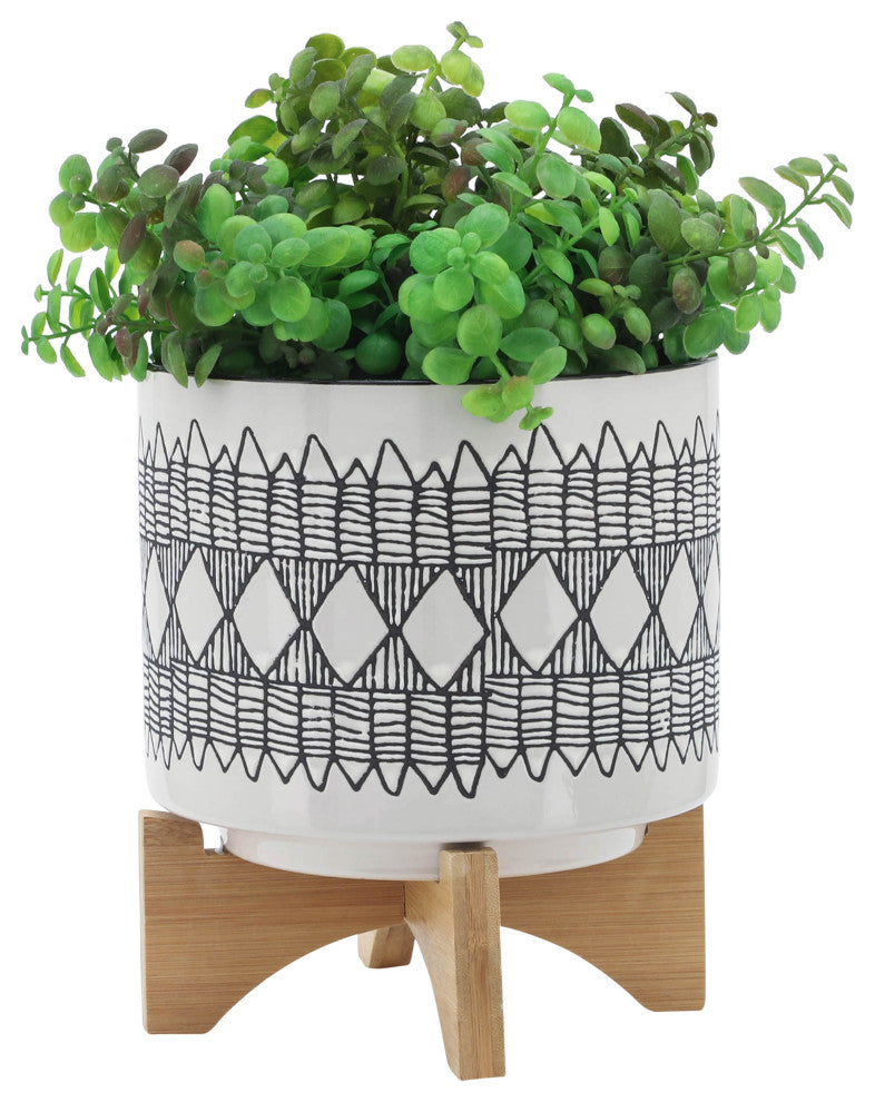 Cer 2-Piece Set Aztec Planter On Wooden Stand, Gray
