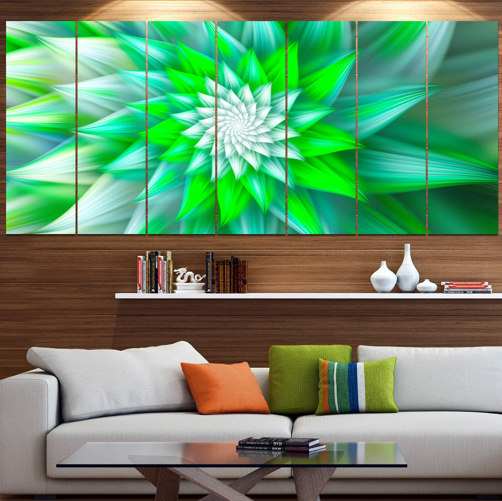 Large Green Alien Fractal Flower, Floral Canvas Art Print, 83"x32", 7 Panels