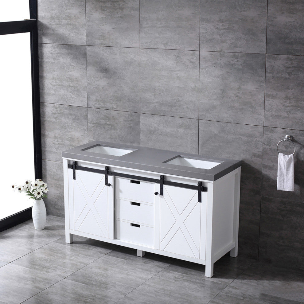 Marsyas 60" White Double Vanity, Gray Quartz Top, White Sinks, No Mirror
