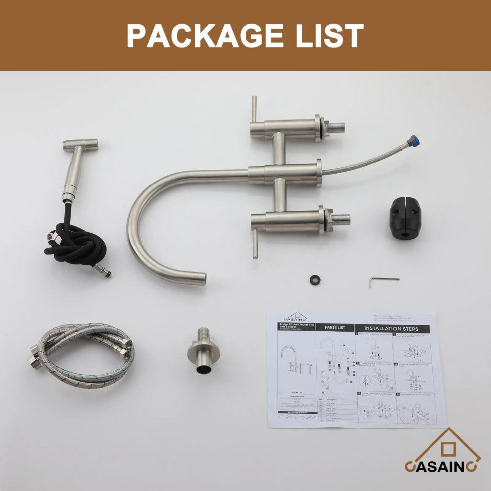 CASAINC Bridge Kitchen Faucet Double Handle with Side Sprayer 3 Color, Brushed Nickel