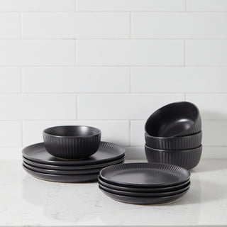 Stone Lain Logan Stoneware 12 Piece Dinnerware Set, Black