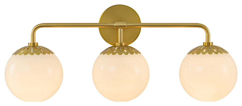 Brass 3-Light Flower Milky Glass Globe Vanity Wall Light