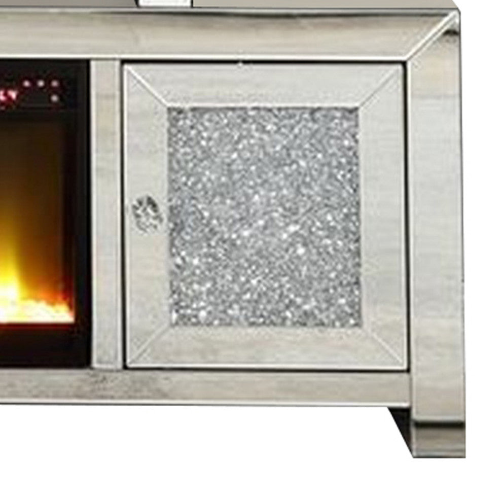 Benzara BM262195 Mirrored TV Stand With LED Fireplace and Remote, Silver